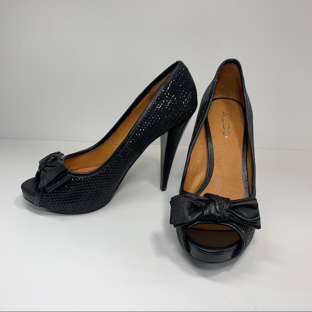Aldo Black Leather Bow Sequin Heels Sz 37